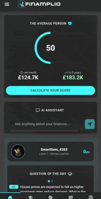 A walkthrough of the FinAmplio app: answering the daily question, earning a badge, and reviewing net worth